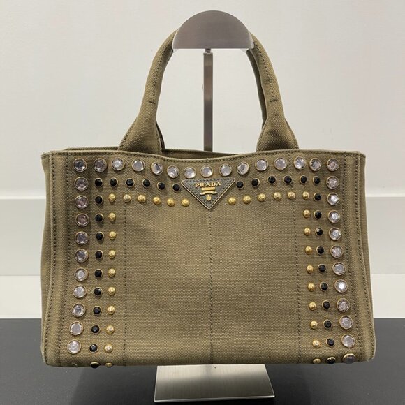 Prada Green Canapa Studded Canvas Handbag Army Green (JB1063) - Picture 1 of 16